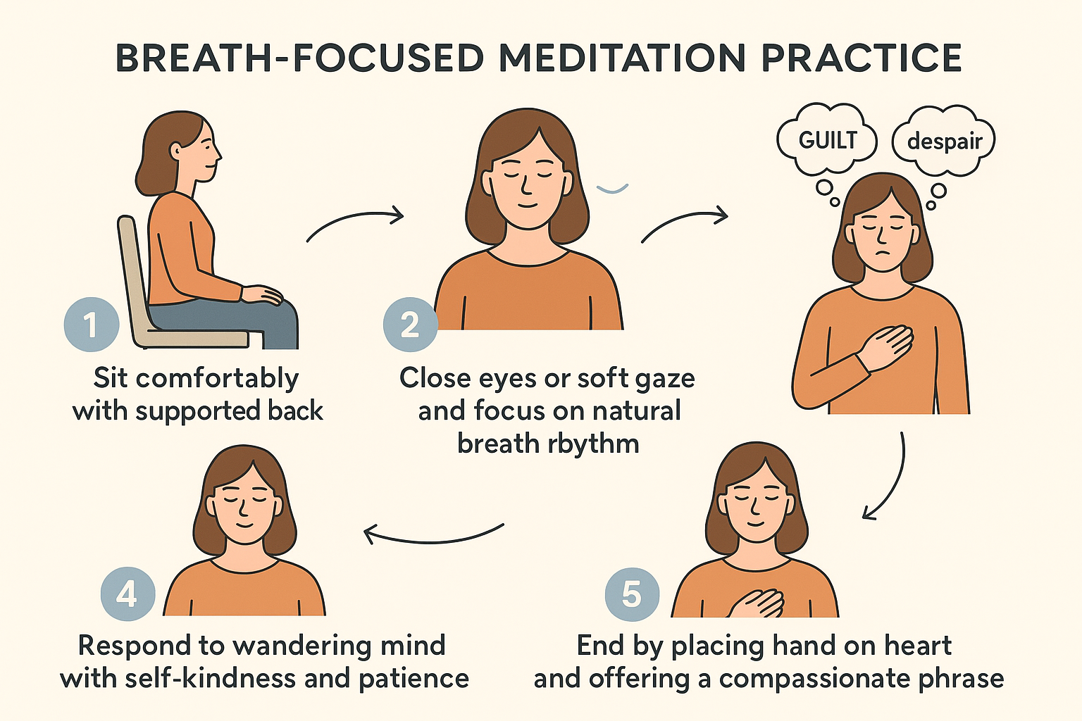 Step-by-step diagram of a simple breath-focused meditation for depression