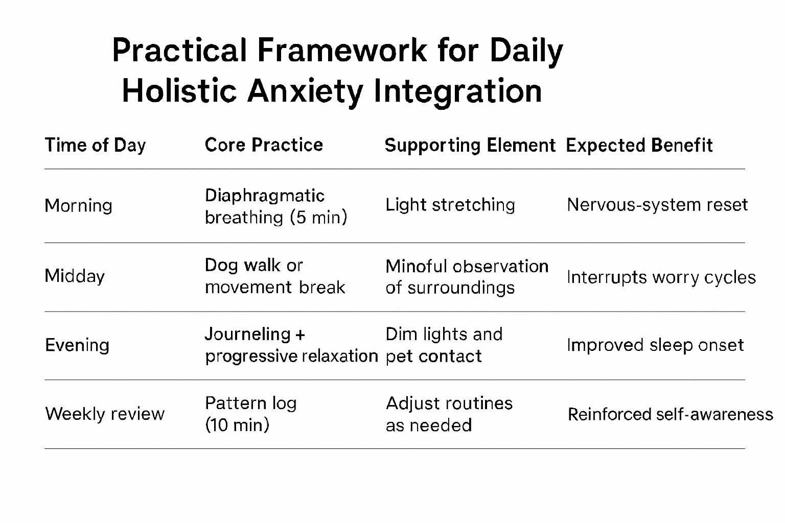Table infographic showing a daily schedule for holistic anxiety treatment at home with core practices, supporting elements, and expected benefits for morning, midday, evening, and weekly review.