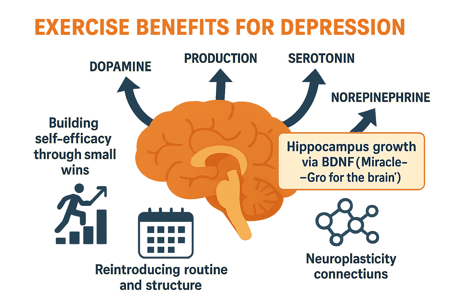 Diagram showing how exercise counters depression through neurochemistry and psychology